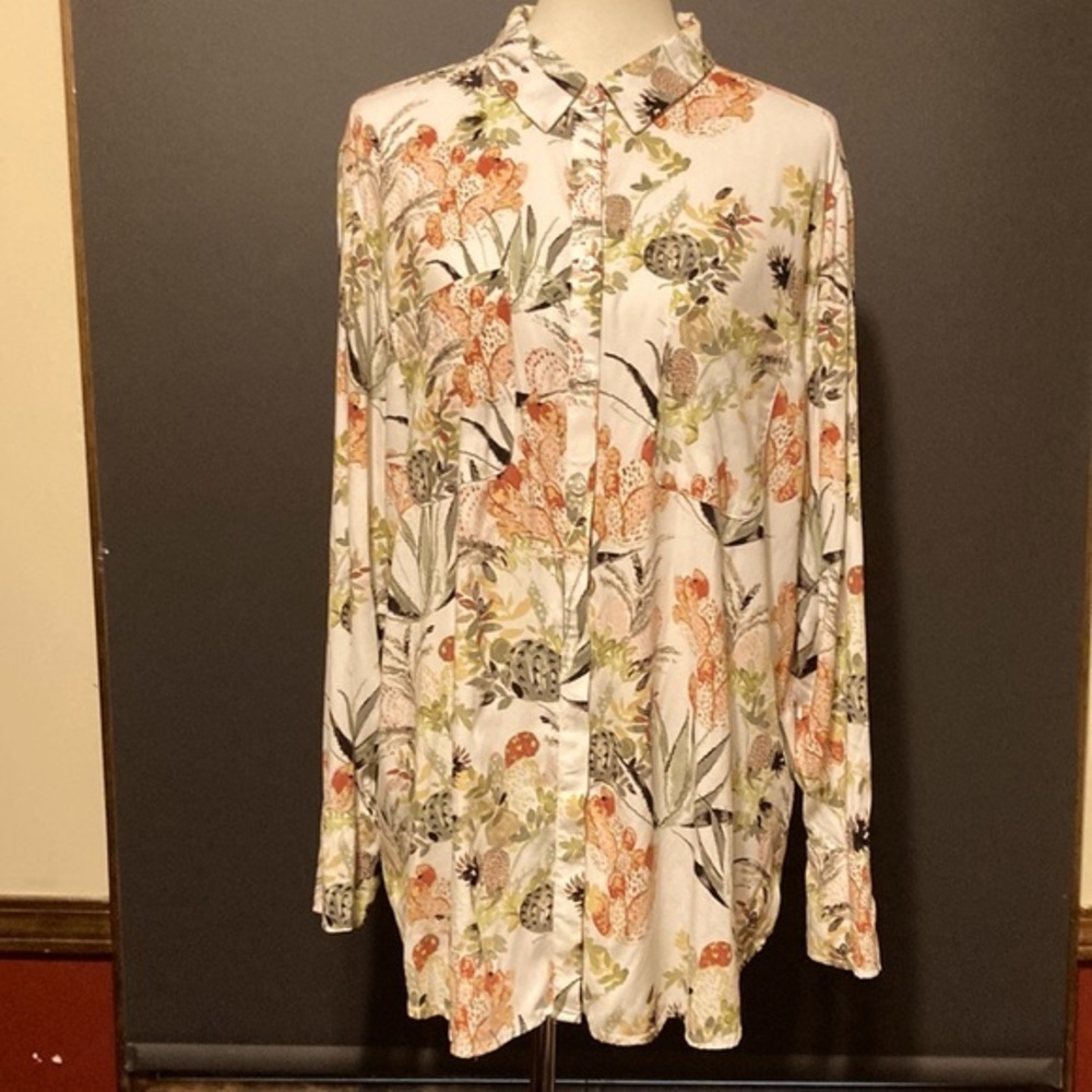 Chico's Cactus Print Long Sleeve Button Down Shirt Desert Botanical Boho White